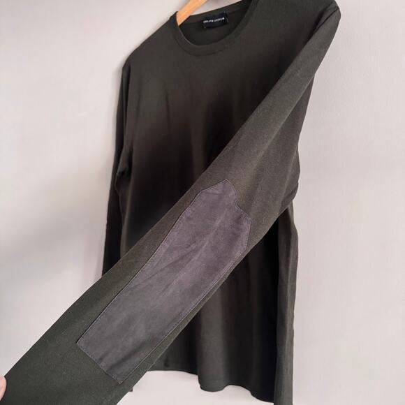 Ralph Lauren Black Label Dark Olive Green Sweater Leather Elbow Patches Large - Picture 4 of 7